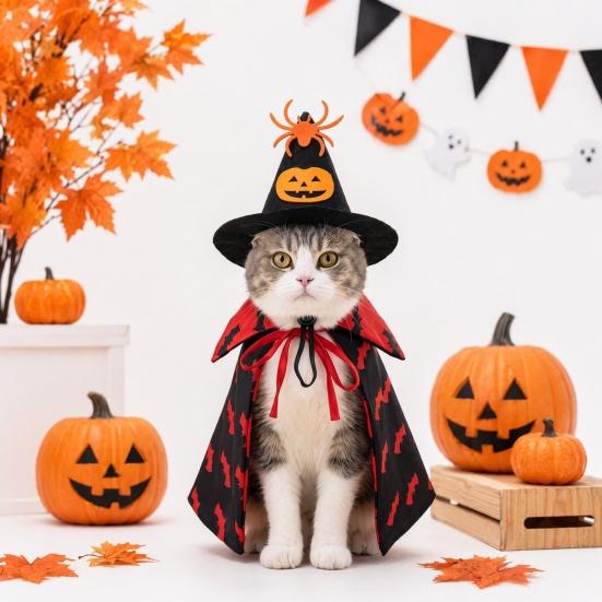 Huaqianguhh 1 Set Pet Halloween Costume, Spider Pumpkin Wizard Hat And Double-Sided Bat Print Cape, Holiday Party Outfit for Cats Dogs
