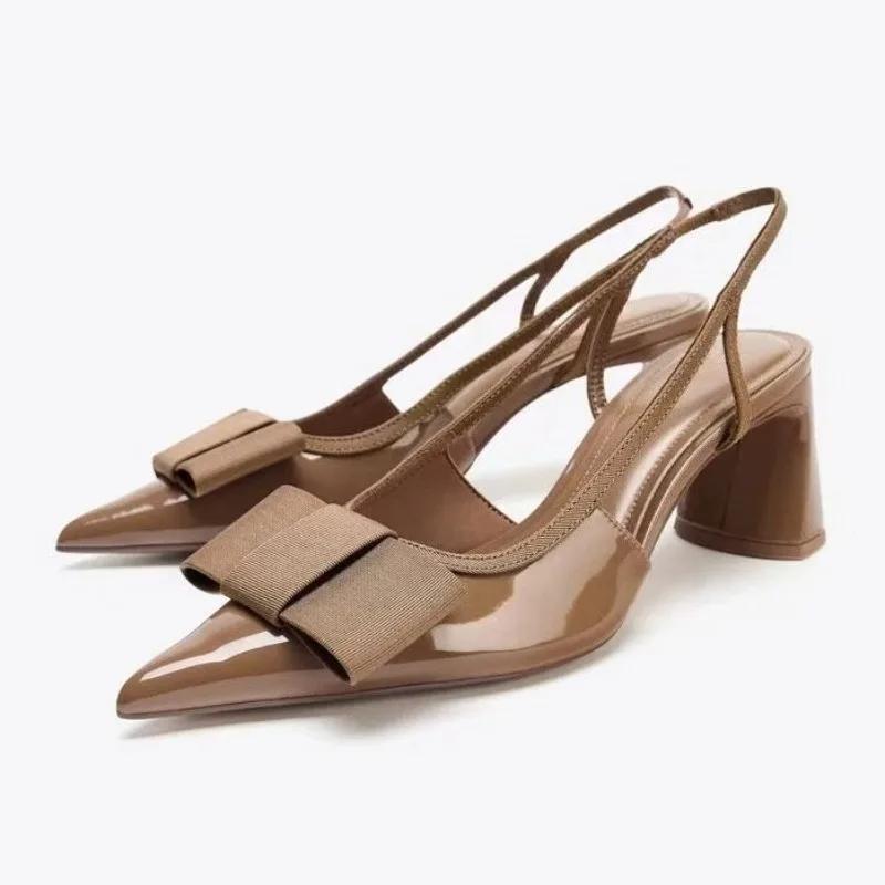 Patent Leather Heeled Sandals Women Elegant Burgundy Bow Pointed Toe Chunky Heel Pumps Luxury Designer Heels for Ladies