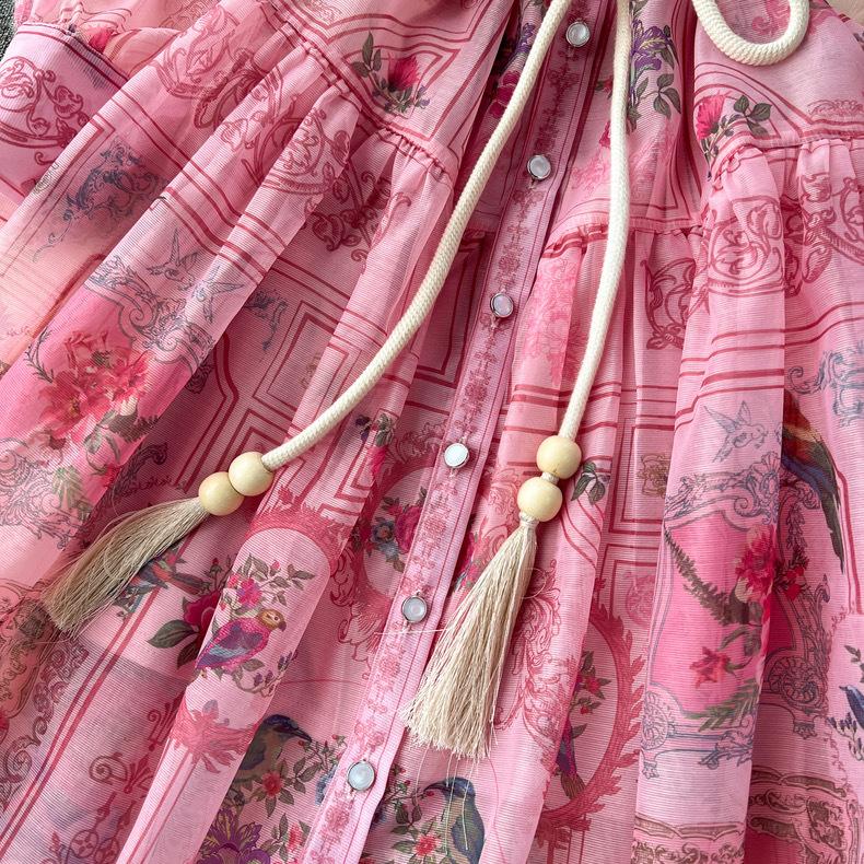 Summer Holiday Beach Long Dress Women's Lapel Long Lantern Sleeve Floral Print Sashes Lace Up Chiffon Loose Dresses