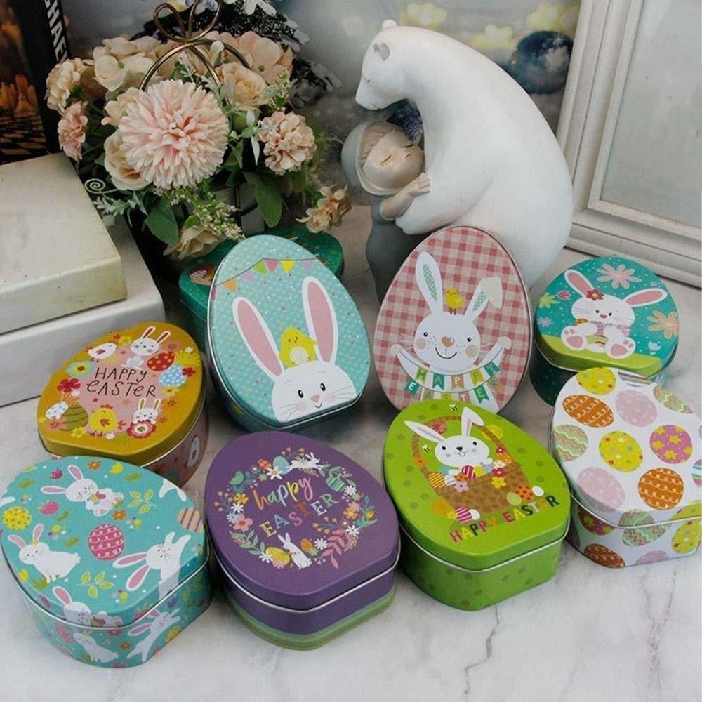 Metal Egg Shaped Tinplate Box Exquisite Rabbit Iron Case Easter Egg Candy Box  Tea Leaf