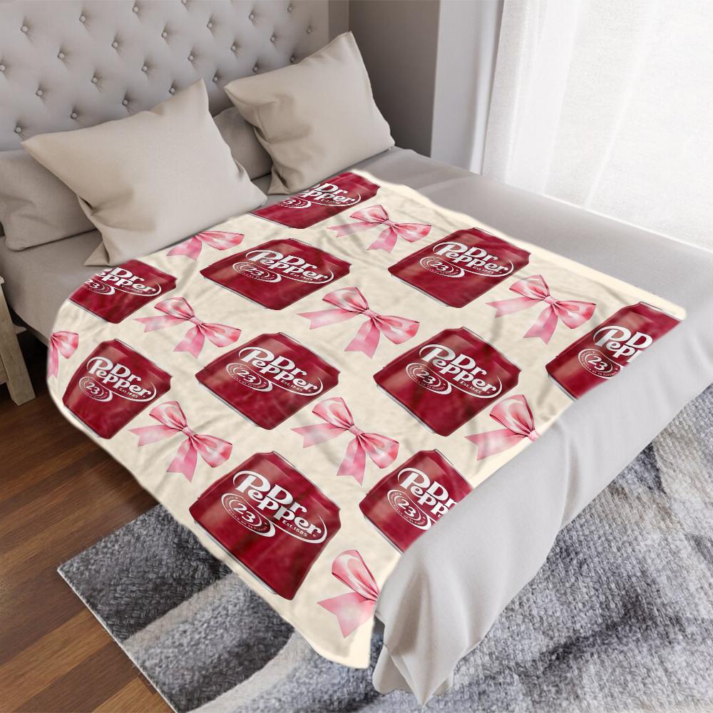Dr Pepper Soda Can Pink Bow Flannel Throw Blanket Cute Coquette Beverage Print Soft Sofa Blanket