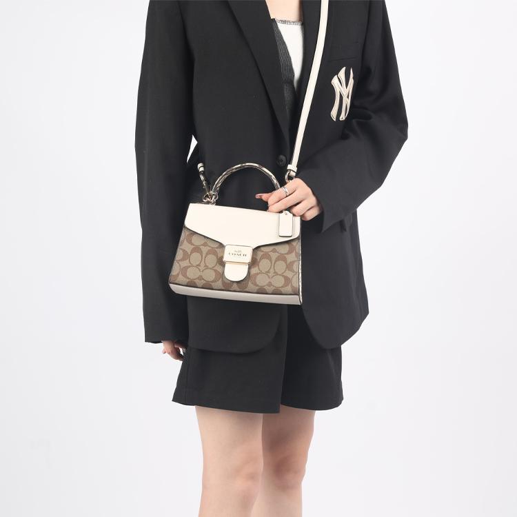 Coach Pepper Canvas With Leather Handbag, Shoulder Bag, Crossbody Bag Small Women's Khaki & White C1325-IMOTV
