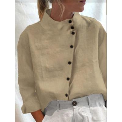 Autumn Tops Button Cotton Linen Stand Collar Blouse Tops Fashion Womens Casual Long Sleeves Shirt