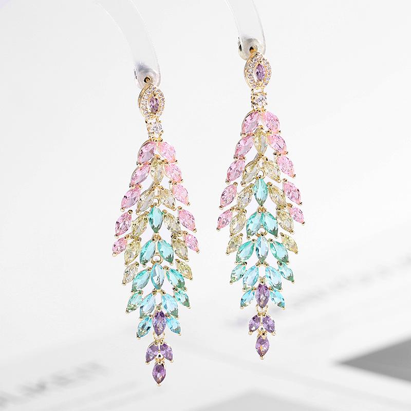 Europe And America New Style Vintage Tassel Earrings Colorful Cubic Zirconia Earrings Banquet Dress Accessories Leaf Earrings