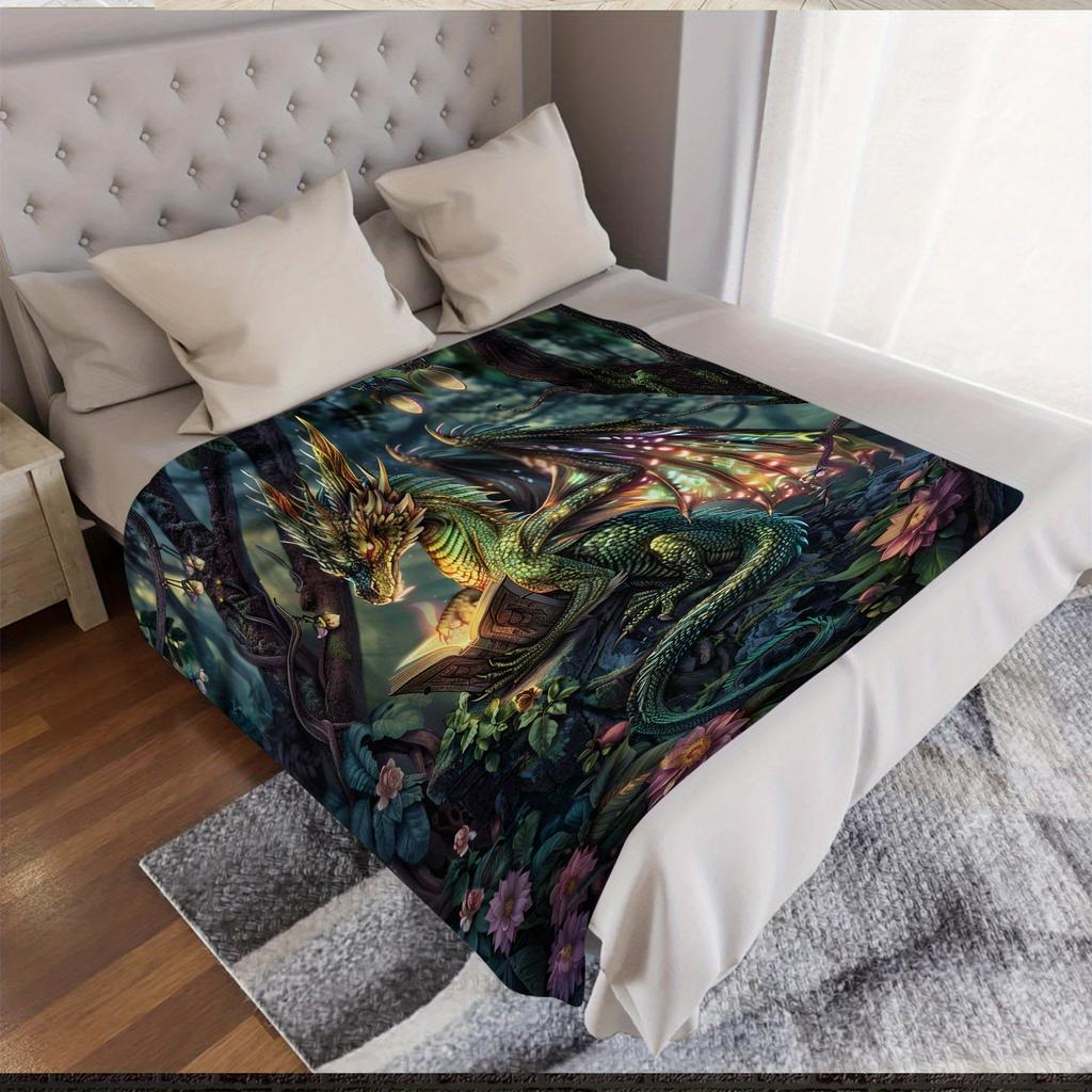Magical Forest Dragon Reading Books Throw Blanket - Fantasy Botanical Floral Motif Soft Lightweight Accent for Sofa Bed Travel