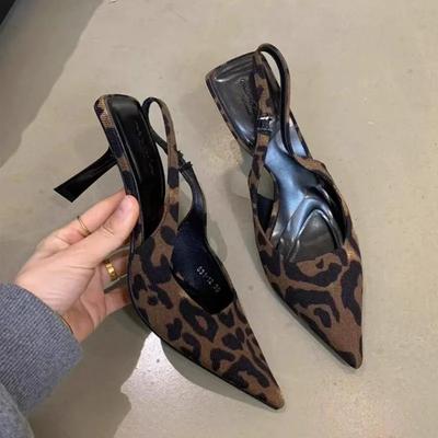 Fashion Leopard High Heels Shoes Women Sandals Pointed Toe Dress Party Shoes Designer New Mules Slippers Summer Sexy Pumps Zapatos Mujer