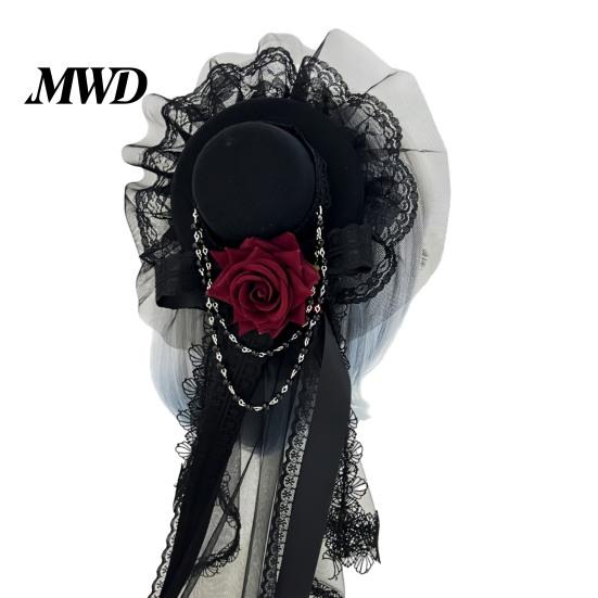 Festival Party Hair Piece Gothic Halloween Headdress with Rose And Chain Decoration, Mini Bowler Hat, Retro Clip Small Top Hat for Cosplay Masquerade