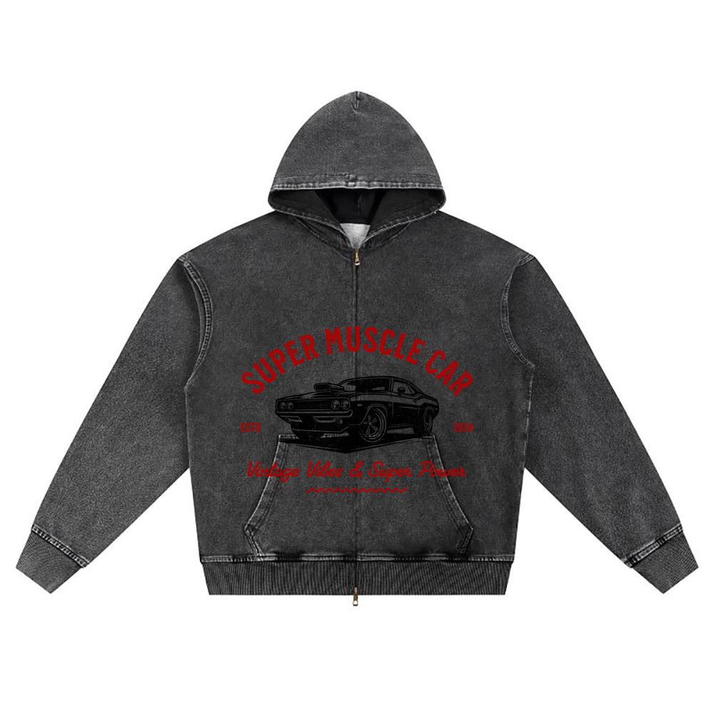 DTG Print Knitted Denim Zip-Up Hoodie Super Muscle Car Brother Print Zipper Hoodies  