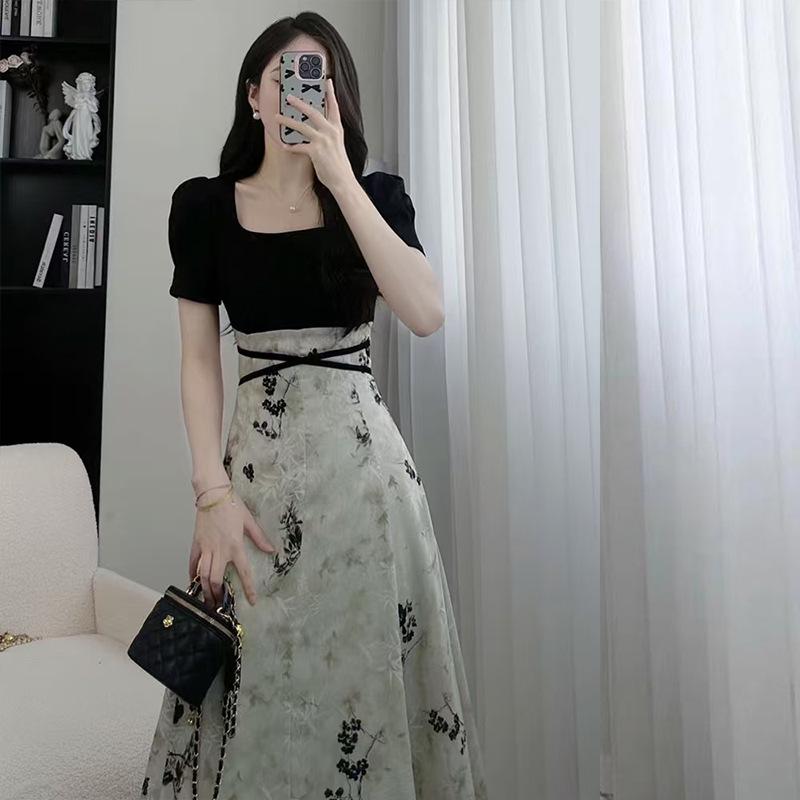 Elegant Summer Guochao Ink Print Dress: Women's Waist-Cinched, Slimming Mid-Length Skirt