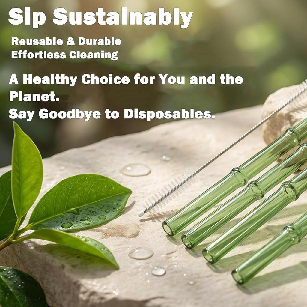 4-Pack Bamboo Reusable Glass Straws Set, Borosilicate Glass Drinking Straws with Brush for Smoothies, Coffee, Cocktails, Hot & Cold Drinks