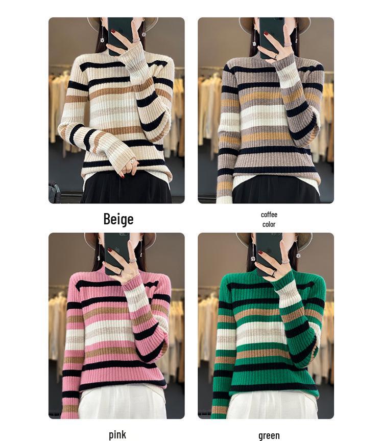 Pull Haut Col Rayé en Cachemire Tricoté pour Femme - Amincissant, Coupe Ample pour l'Automne et l'Hiver