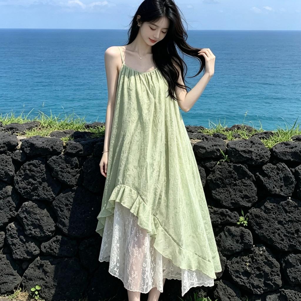 Light green seaside vacation suspender skirt women's medium and long 2026 summer new French thin small fresh dress
