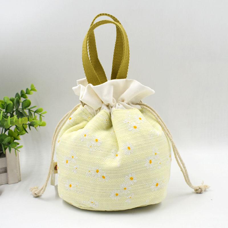 Canvas Bucket Bag, Women's Japanese Style Portable Bento Bag, Retro Artistic Small Bag, Drawstring Bag, Hand-held Lunch Box Bag