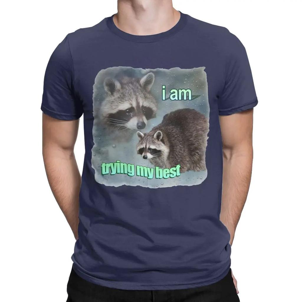I Am Trying My Best Raccoon Word T Shirt Men's 100% Cotton Vintage T-Shirts Crew Neck Tees Short Sleeve Tops Classic