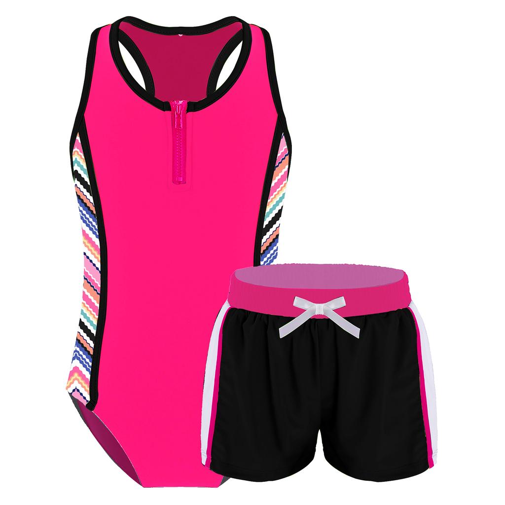 Girls One Piece Swimsuit Set Sleeveless Racer Back Design Matching Boyshorts Beach Swimwear Outfit