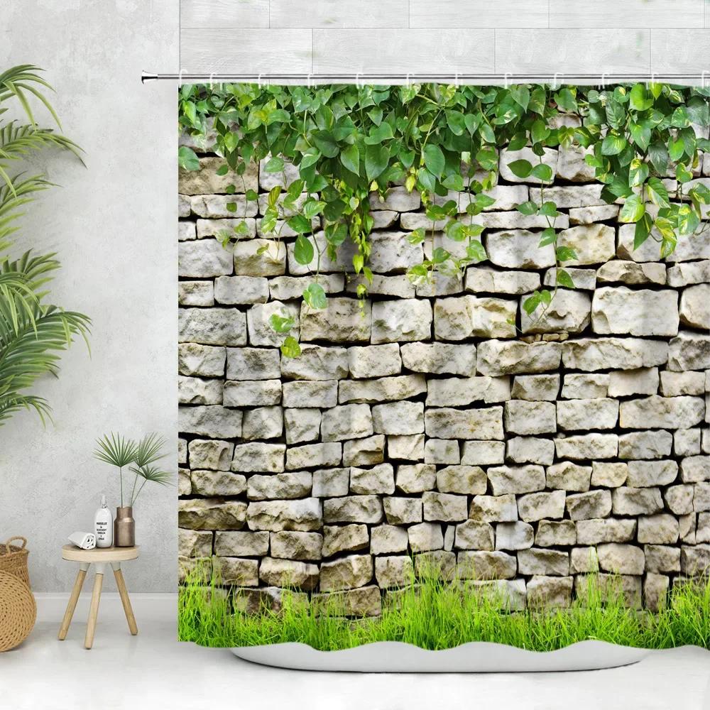 Brick Wall Shower Curtain Vintage Vines Spring Greenery Nature Scenery Leave Farm Flower Polyester Fabric Bathroom Decor Curtain