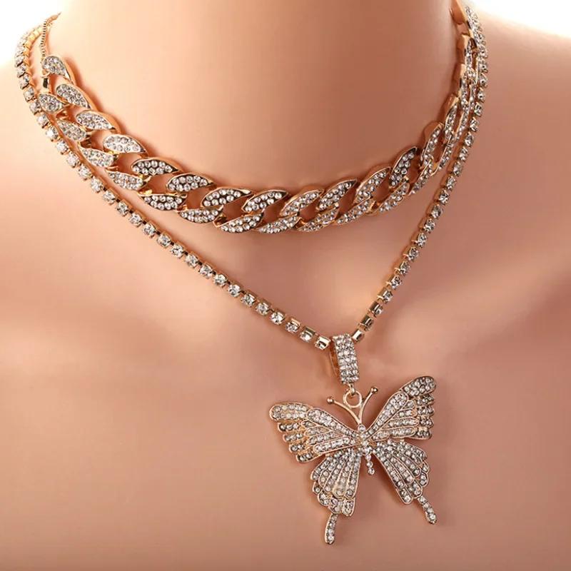 Collier Papillon Cubain pour Femmes Pendentif Strass Transfrontalier Européen et Américain Chaîne de Cou Accessoires Punk Rétro Hip Hop
