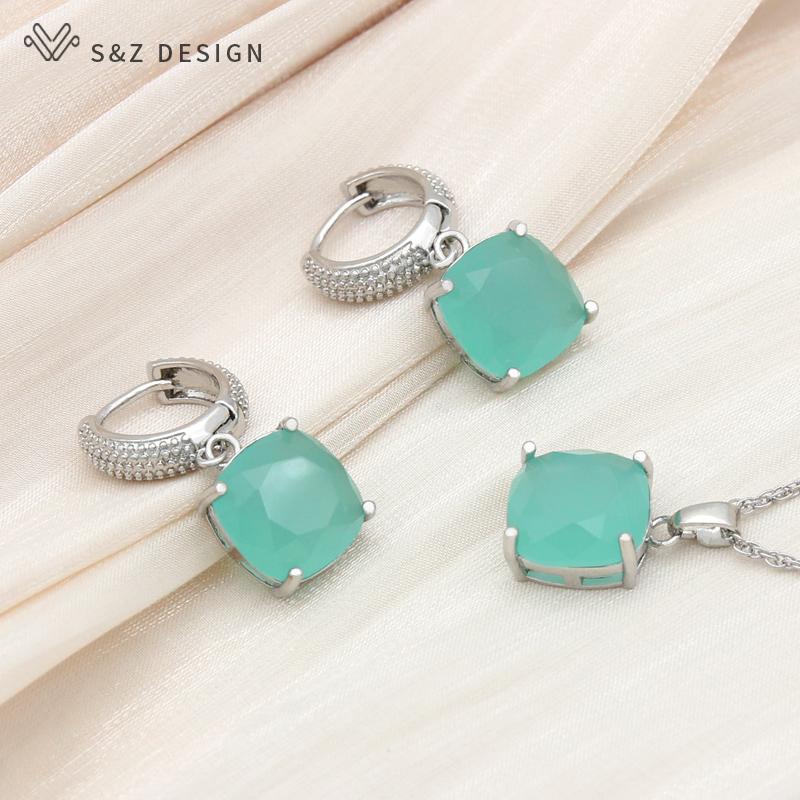 Boucles d'oreilles carrées en cristal, couleur or Rose, ensembles de bijoux pour femmes, pendentif de tempérament de mariage, collier cadeau