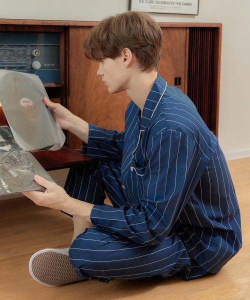 [May Flower] Navy Pencil Stripe Long Sleeve Men's Pure Cotton Plus Size Pajama Set [Shipped from Korea] 100% Authentic