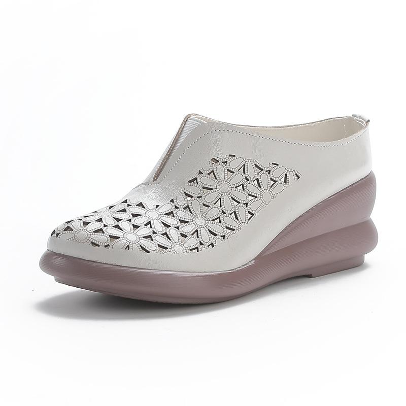 Top Layer Cowhide Sponge Sole Heightened Women's Shoes Casual Leather Hollow Women's Slippers Middle-aged Breathable and Comfortable Hole Shoes