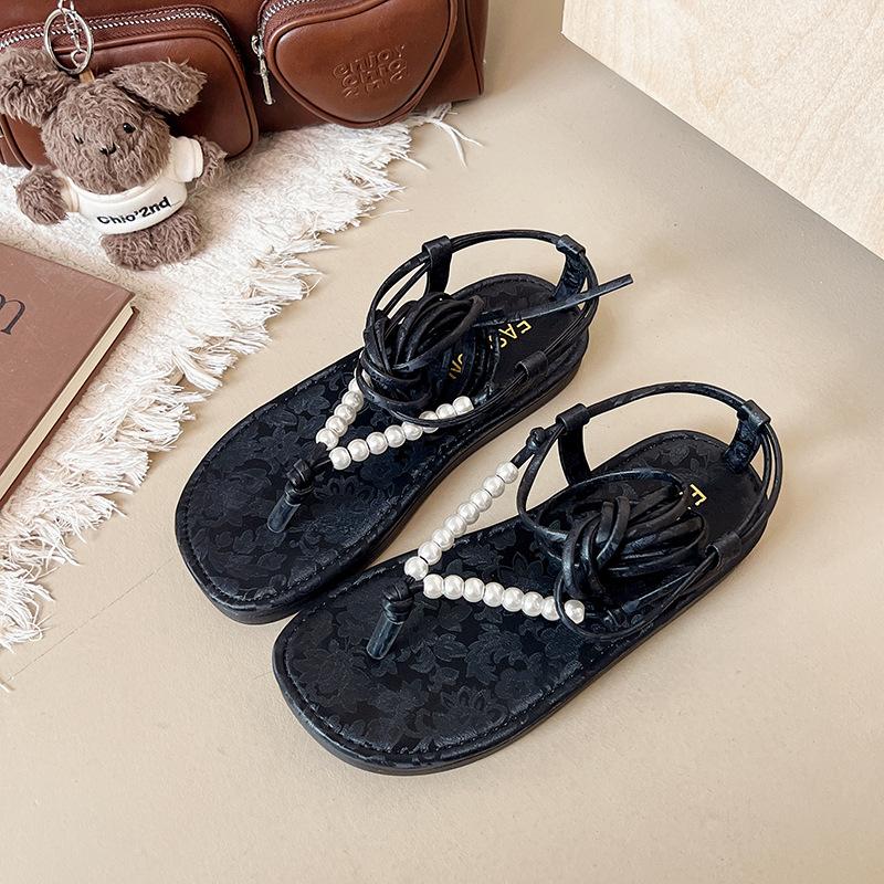 Fashion Cross Strappy Sandals Shoes for Women Summer Flat Bottom Beach Lace-up Roman Flip Flops Sandales Femme Casual Pearl Soft Sandal