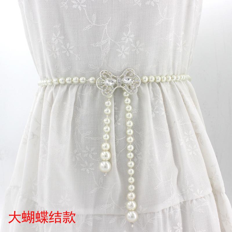 Mei Mary Women's korean style sweet bow dress with pearl waist chain - ladies' fashion decorative slim belt