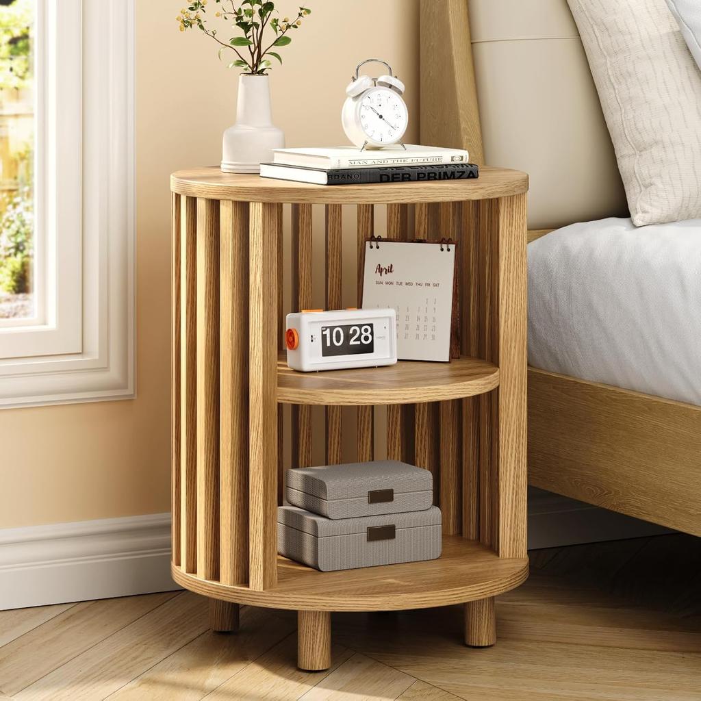 Round End Table, Wood Bedside Table, Mid Century Modern Nightstand with Open Storage Shelf, 3 Tier Small Side Tables for Living Room, Bedroom, Curved
