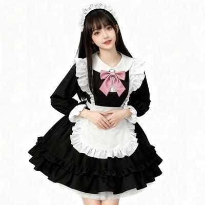 AOTYP Gothic Lolita Maid Set with Ruffled Lolita Neat and Pretty Waitress Dress for Perfect for Amusement and School Black Costume, 4-Piece Headband,