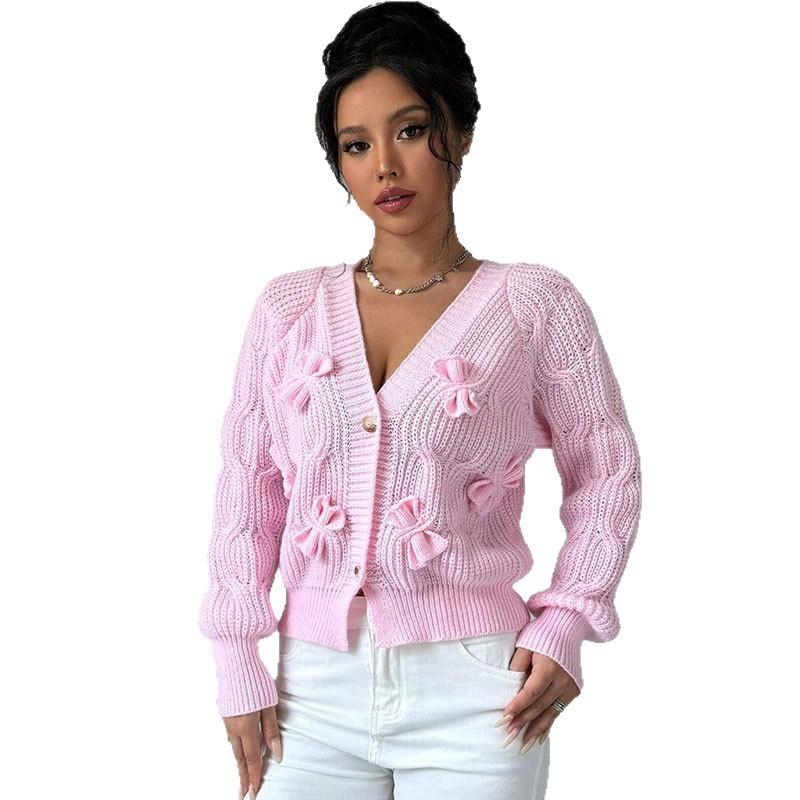 Women's Knit Cardigan V Neck Button Front Bow Knot Detail Solid Pink