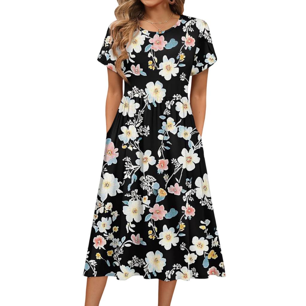 Damenmode Sommer Rundhals Kurzarm Blumendruck Strandkleider