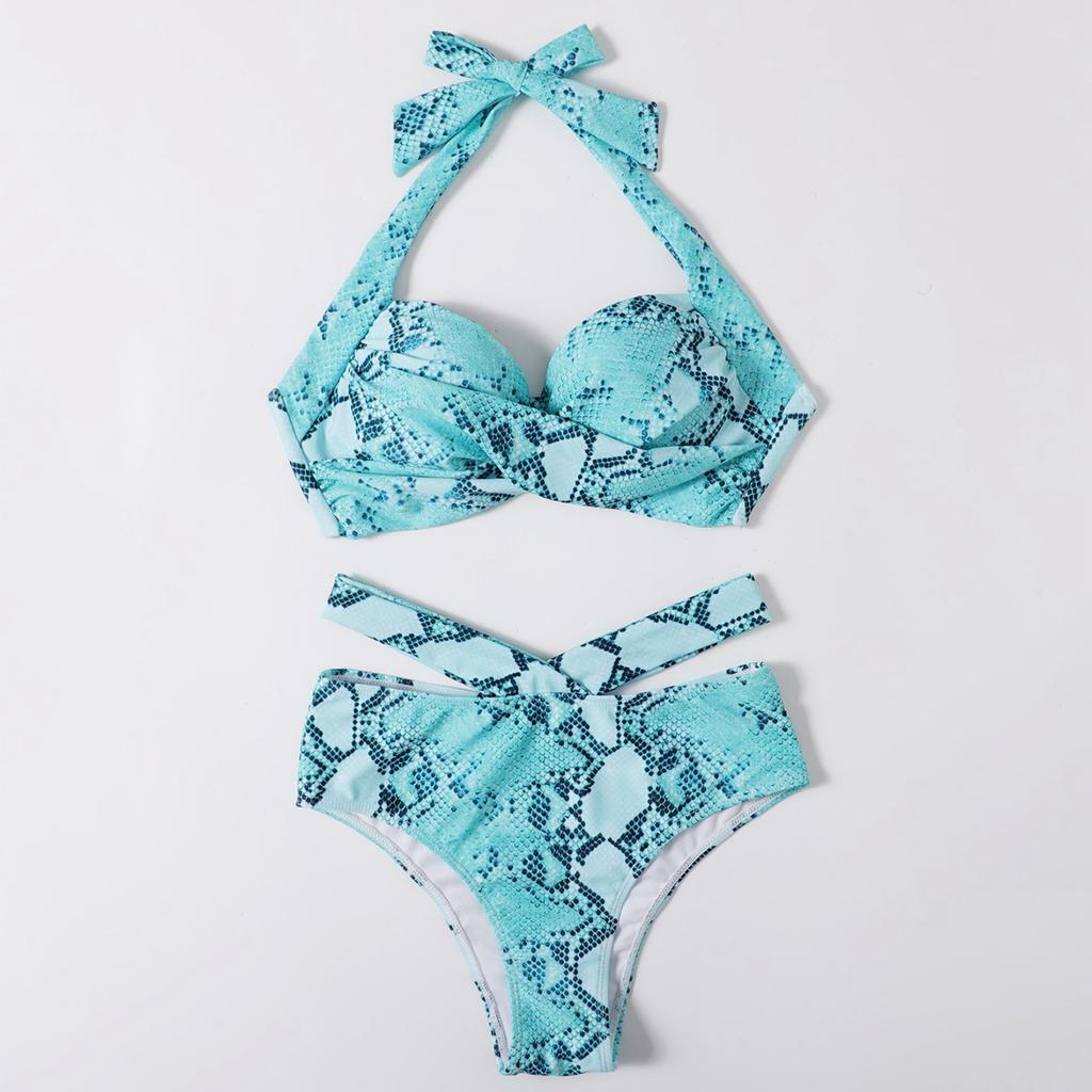 Snake Skin Print Two Ruched Wrap Women Crop Up Bikini Push Front Swimwear Female Bathers Bathing Swimming Swim Suit Tankinis Set