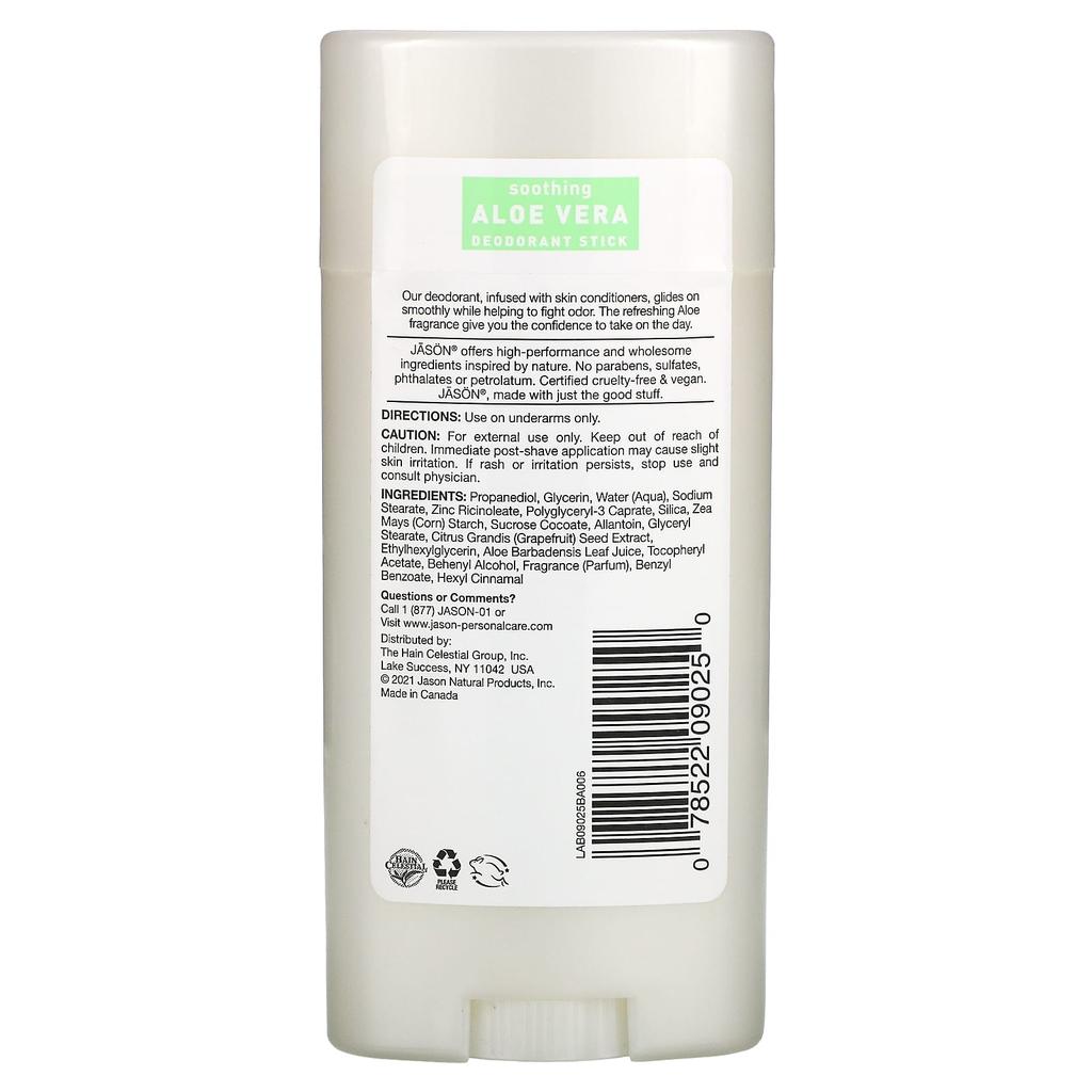Jason Natural Deodorant Stick, Soothing Aloe Vera, 71g (2.5oz)