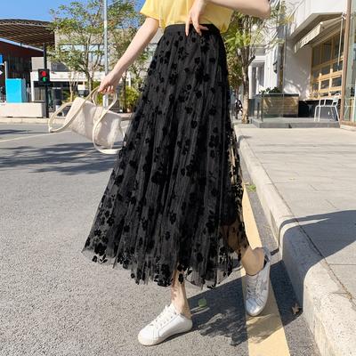 Women's Spring and Summer Mid-Length Skirt High-Waisted A-Line Flared Floral Tulle Half Skirt