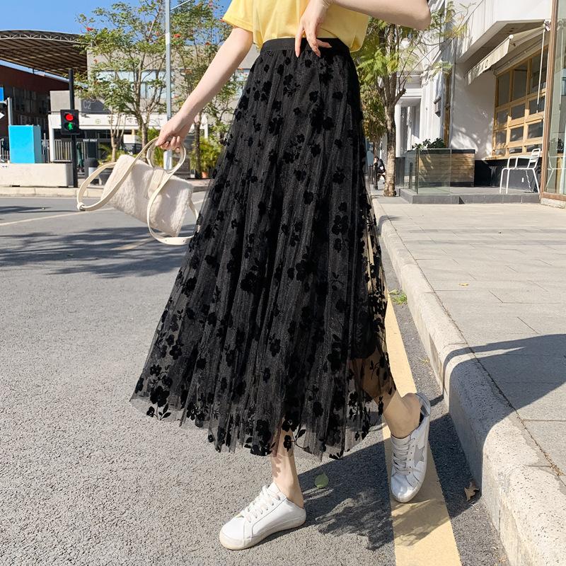 

Женская весенне-летняя юбка средней длины с завышенной талией, А-силуэта, расклешенная, цветочная, из тюля, полуюбка XL чёрный
