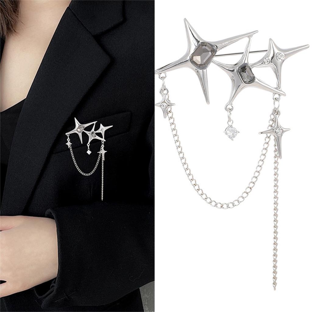 Elegant Four point Star Chain Pin Personality Punk Breastpin Crystal Badge Jewelry Sophisticated Women Suit Dress Brooch