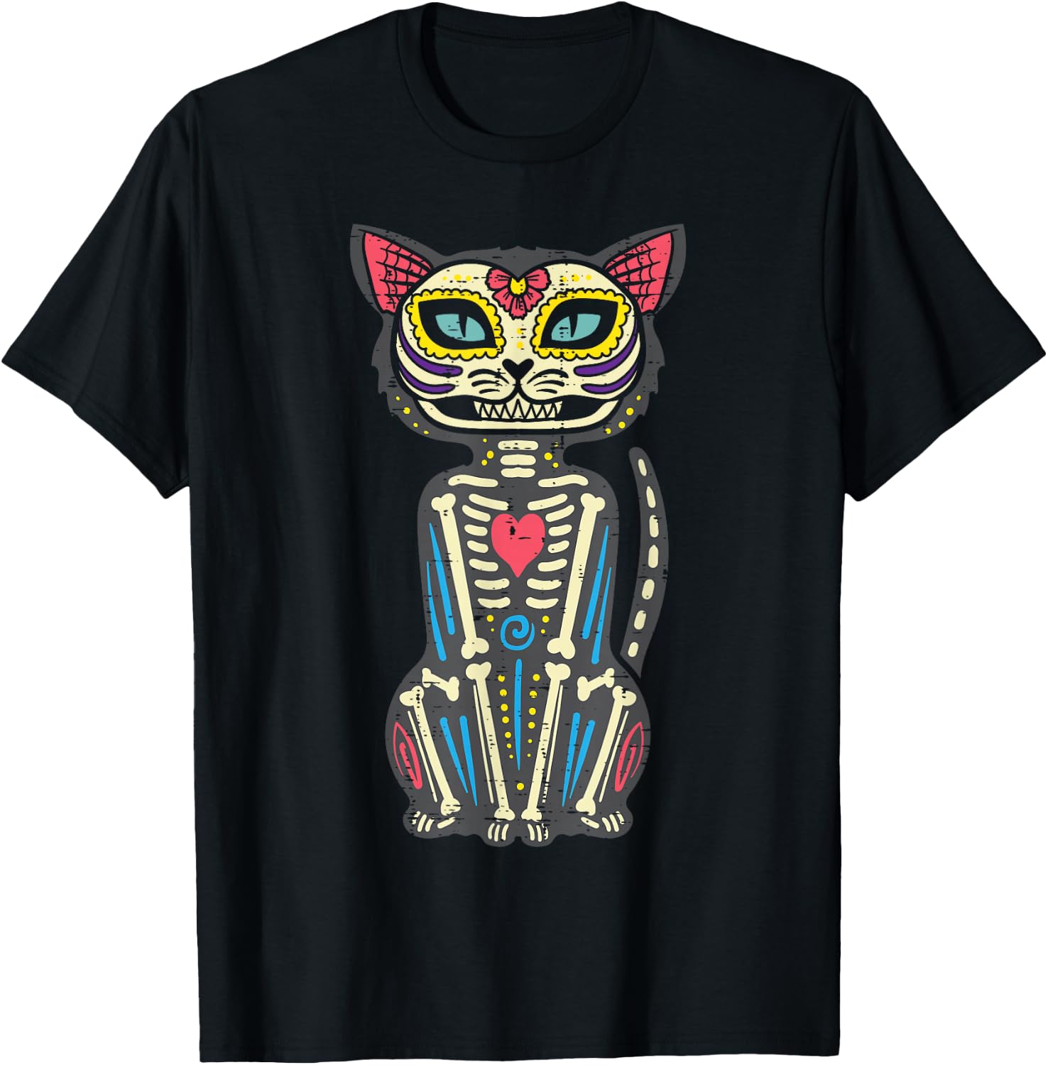 Cat Sugar Skull Calavera Dia De Muertos Mexican Halloween T-Shirt L