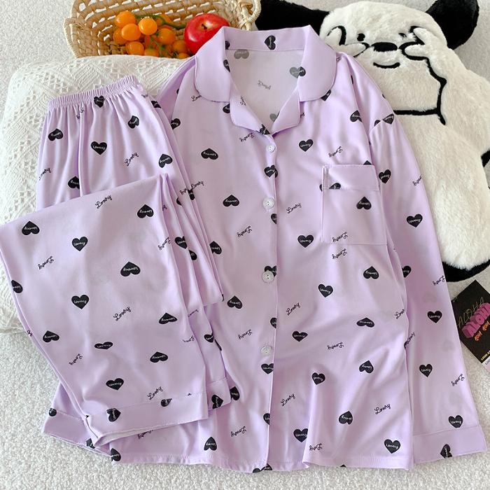 

Весенне-осенняя пижама цвета фиолетового сердца для женщин, модная, с длинным рукавом, топ и брюки, одежда для сна, элегантная, удобная, с лацканами, для дома L