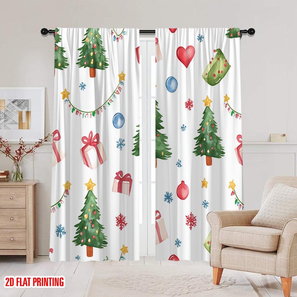 2 Stück, 2D-Flachdruck Vorhang Beliebter Weihnachtsbaum Geschenk Schneeflocke Girlande Polyesterstoff (ohne Stange) Geschenke Ldeal für