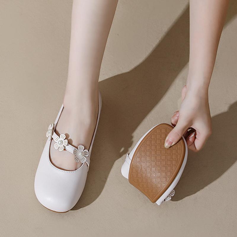 Fashion Elegant Womens Cow Leather Flats Shoes Soft Soled Square Toe Ballets Ladies Office Work Barefoot Loafers Floral Strap Mary Janes