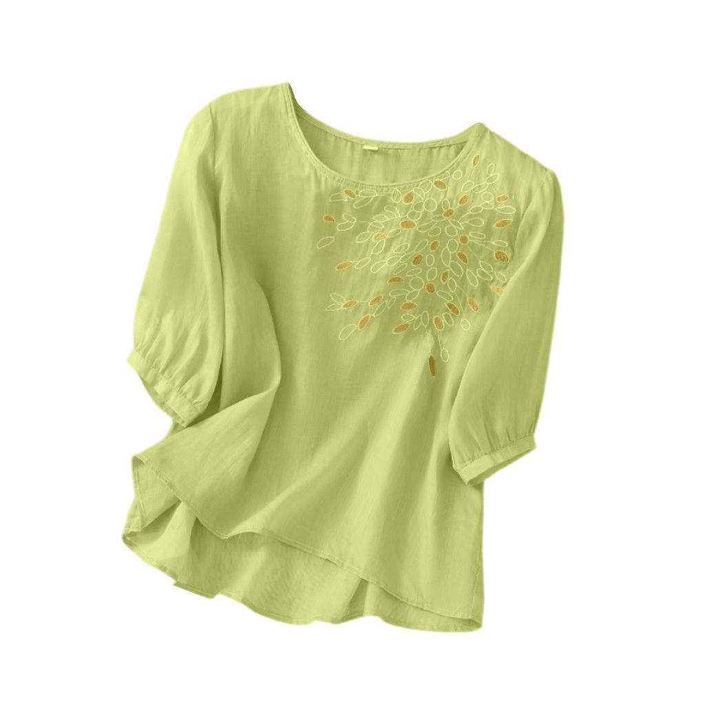Damen Farbe Baumwolle Leinen Kurzarm Bestickt Retro Atmungsaktiv T-Shirt Rundhals Oberteil
