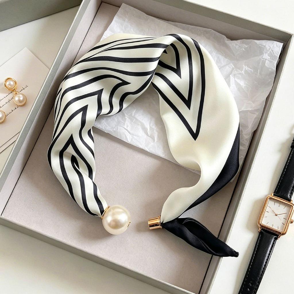 Blue Prints Elegant Pearl Tail Magnetic Clasp Scarf Summer New Versatile Breathable Fashion Artistic Accessory Neck Wrap Scarves