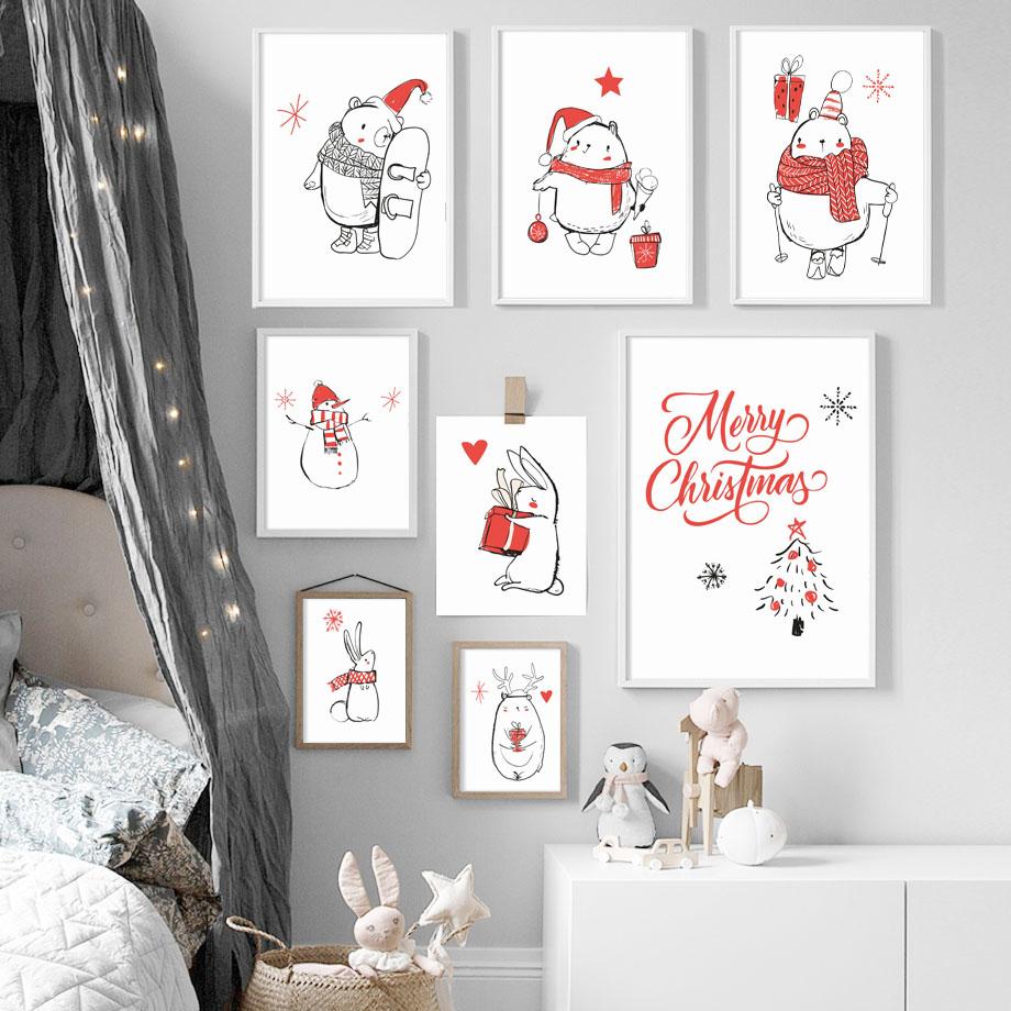 Cartoon Elk Snowman Picture Minimalist Sketch Canvas Poster Merry Christmas Decor Painting Happy New Year Kids Room Decor No Frame
