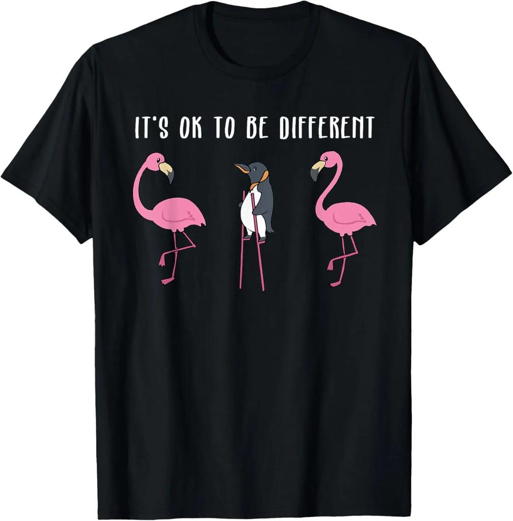 Its Ok To Be Different Flamingo Penguin TShirt Custom Printed Graphic T Shirts Kawayi Funny Shirt Print on Demand Ropa Hombre