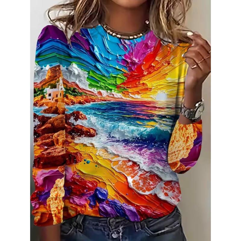 Autumn and Winter Ladies 3D Portrait Printing Crew Neck Long Sleeve T-Shirt