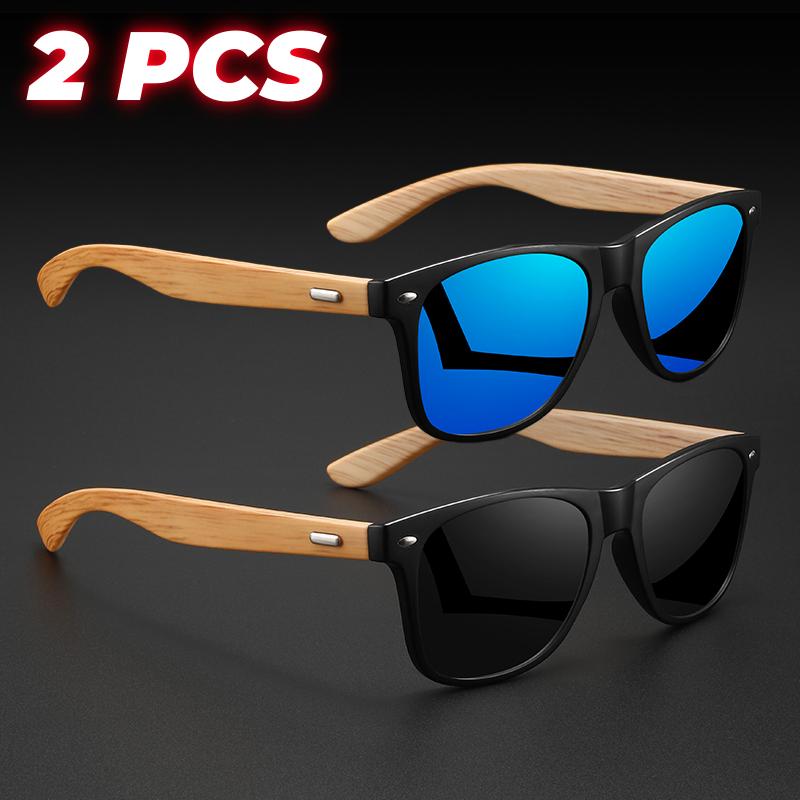 2PCS Retro Square Sunglasses Bamboo-Like Temple Silver Rivet Accents UV400 Unisex Gift for Outdoor & Daily Vintage Elegance