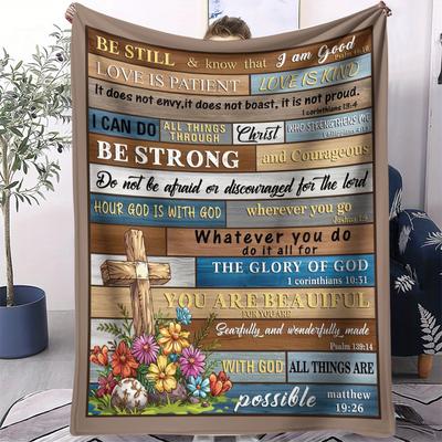 Cross  Floral Inspirational Verse Print Flannel Throw Blanket  Soft Cozy Warm Blanket for Adults Perfect for Home Office Travel