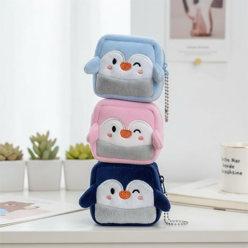 1Pcs Plush Square Penguin Shape Cute Zipper Women'S Coin Purse Earphone Money Storage Bag Key Bag Purse