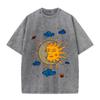 Camiseta Masculina Oversized de Manga Curta com Estampa de Lua e Sol Camisa Lavada Retrô Top de Verão