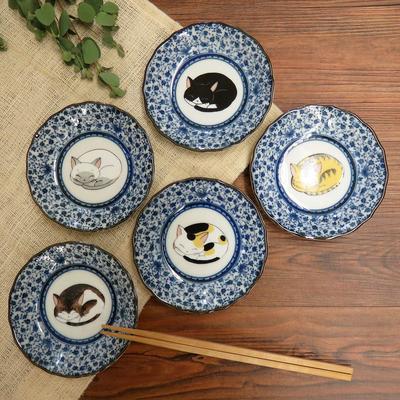 Waza No Kura Plate Set - Stylish Kutani Ware Small Plates (5 Pieces) - Sleeping Cat Design - High-Quality Ceramic Brand - Japanese Tableware - Serving