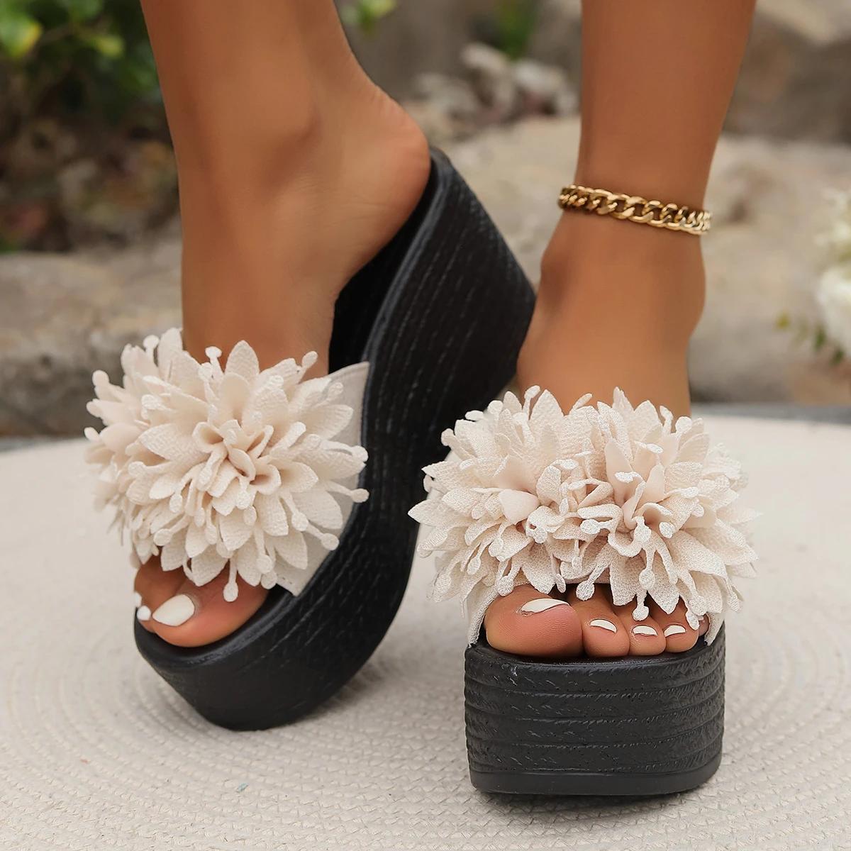 

Fashion Sandals Women Wedges Sandals Slippers Summer Beach Platform Flower Women High Heel Slippers Big Size 44 Fashion Women Sandals 37 бежевий